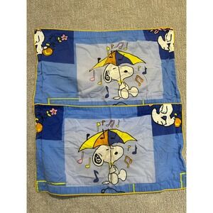 Vintage Peanuts Snoopy Umbrella Pillowcase Set Blue Yellow White Kids Bedding